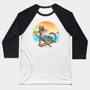 Cat Chilling At Beach With Sunset Comic Style Baseball T-Shirt